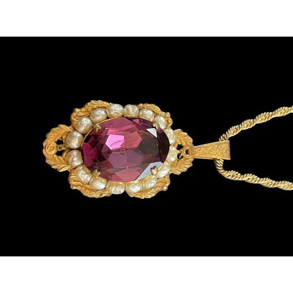 Rare Antique Signed Miriam Haskell Necklace Estate Amethyst Pearl Pendant Chain - Picture 13 of 16